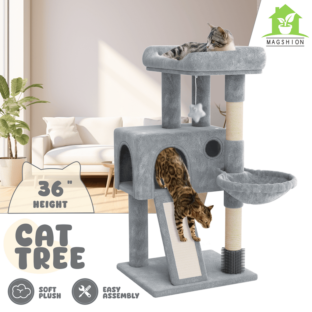 36-Inch Multi-Level Cat Tree Tower with Condo, Hammock, Sisal Scratching Posts, and Hanging Toys - Indoor Cat Climbing Playhouse for Cats and Kittens - Plush Cat Villa, Light Grey/Smoky Grey
