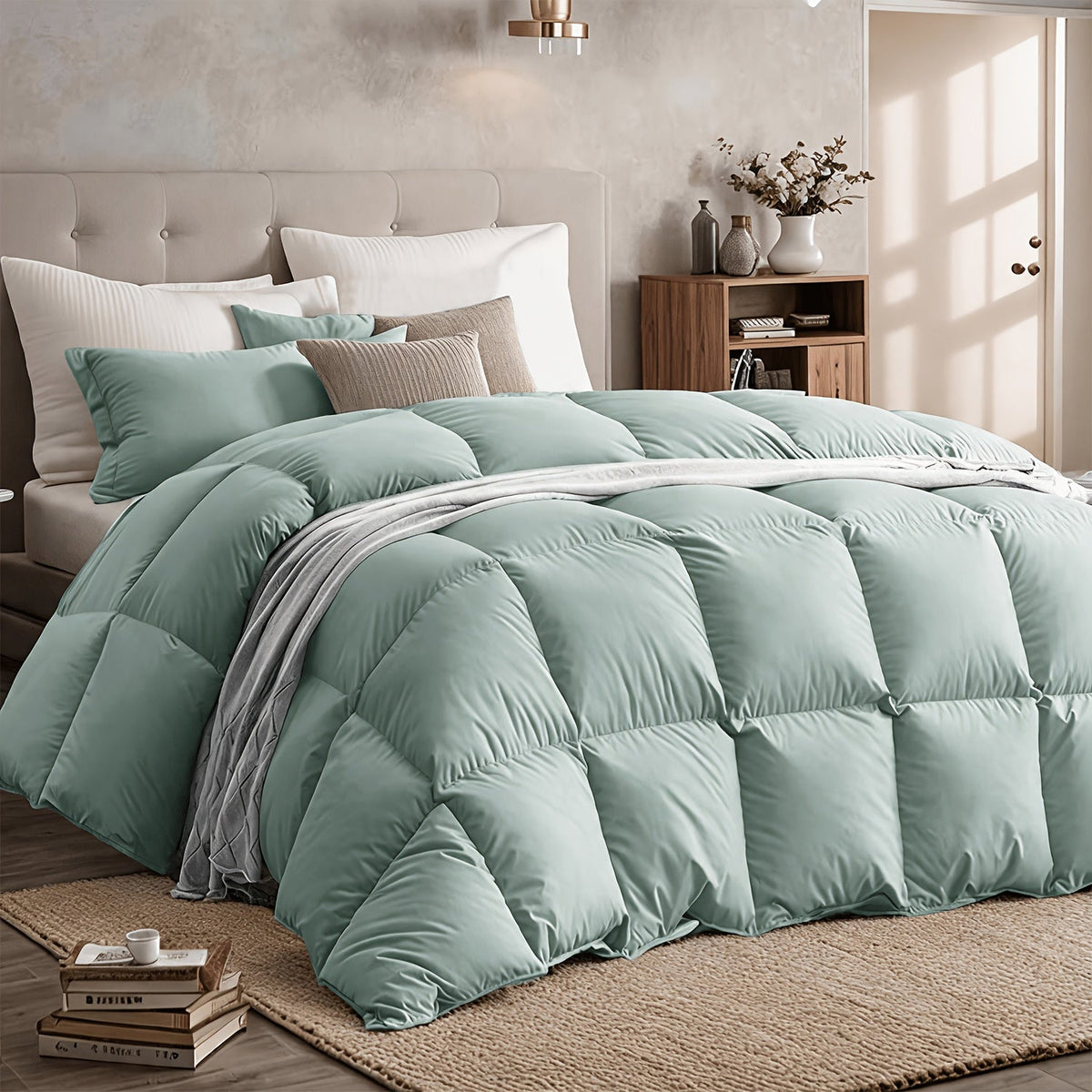 All-Season Down Feather Comforter – Lightweight Breathable & Warm with 8 Corner Tabs in White Light Blue Vibrant Blue Mineral Green | Twin Queen King Cal King Oversized King