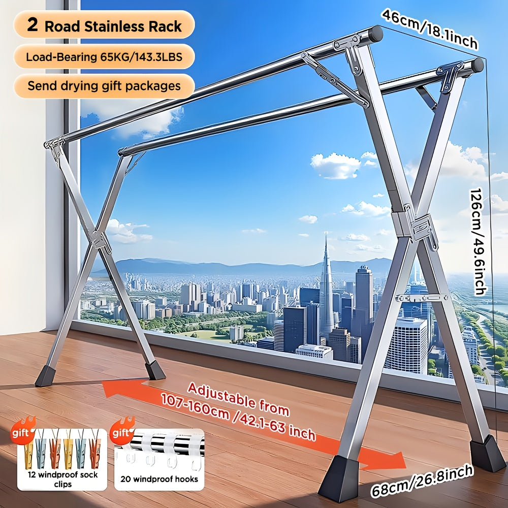 Stainless Steel Clothes Drying Rack 63" & 78.7" Retractable Foldable Heavy-Duty Laundry Drying Rack, Collapsible Indoor/Outdoor Clothesline with Adjustable Length for Balcony, Bedroom, and Laundry Room