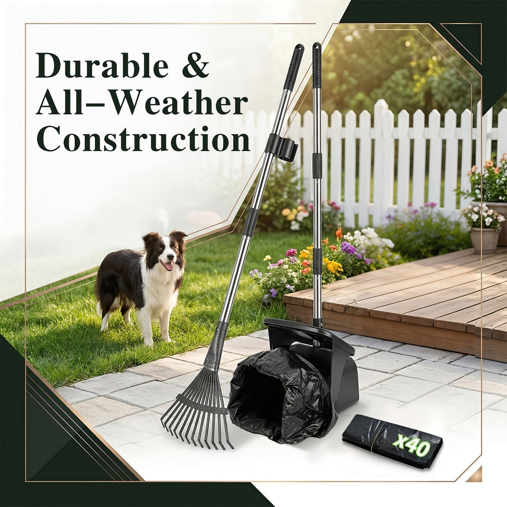 Heavy Duty Dog Pooper Scooper Set with Swivel Bin, Rake & Spade – Long Handle Pet Waste Removal Tool for Grass, Dirt & Gravel, Includes 40 Waste Bags, Great for Large Dogs
