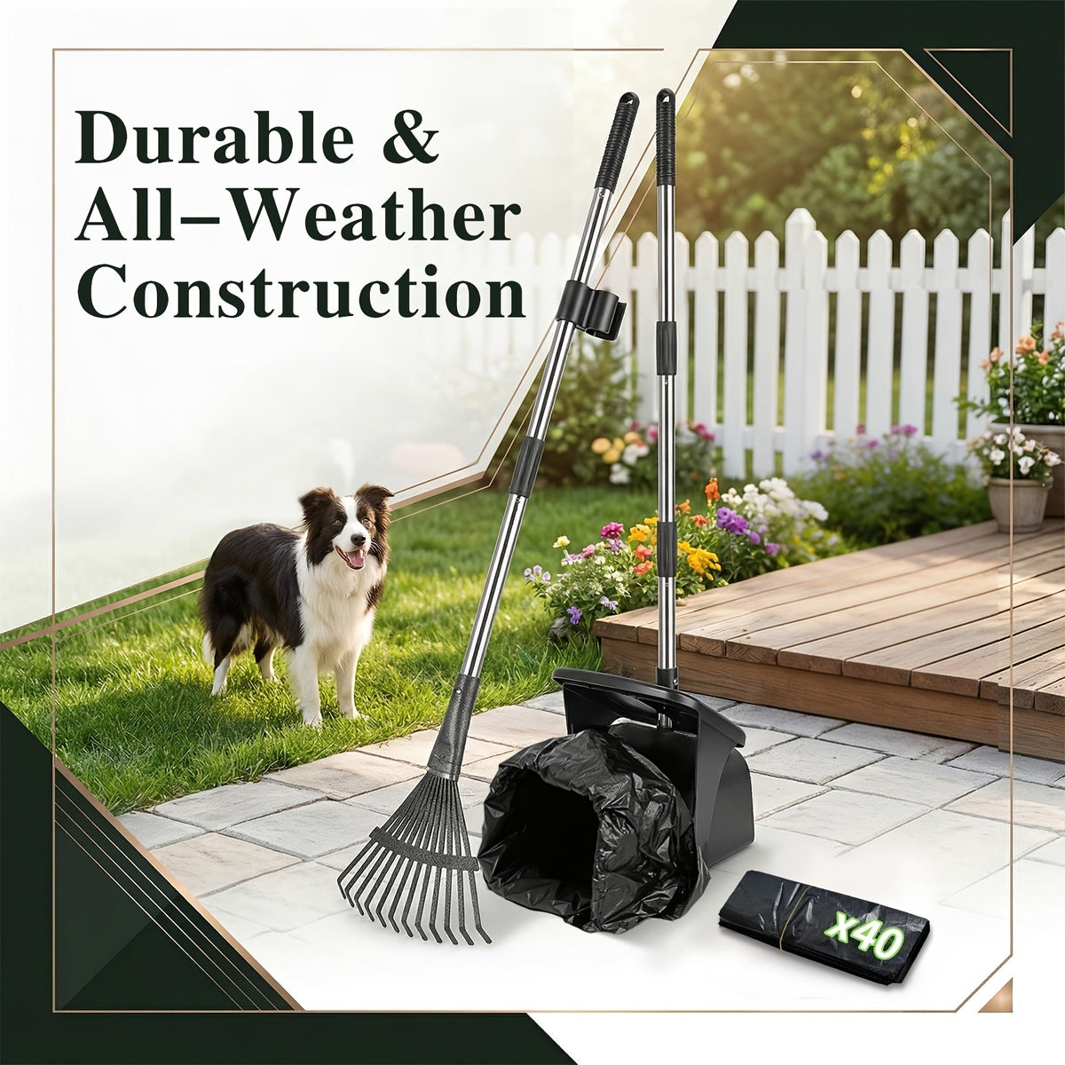 Heavy Duty Dog Pooper Scooper Set with Swivel Bin, Rake & Spade – Long Handle Pet Waste Removal Tool for Grass, Dirt & Gravel, Includes 40 Waste Bags, Great for Large Dogs