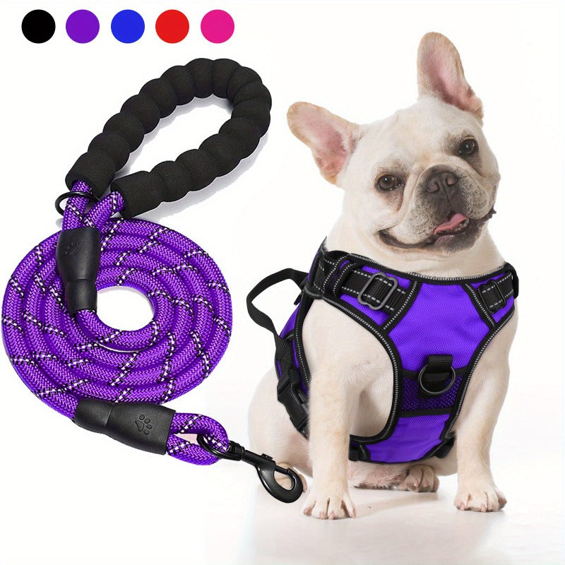 No-Pull Dog Harness and Leash Set – Adjustable Reflective Oxford Vest Harness with 5-Foot Padded Handle Leash for Medium to Large Dogs, Quick-Release Buckles, Sizes S-XL, 5 Colors
