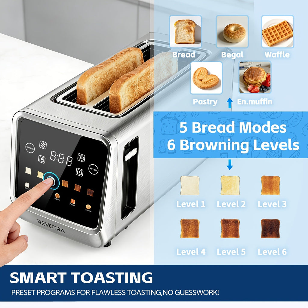 Long Slot 4-Slice Toaster - 1.5" Extra Wide Slots, Touch Screen LED Display, Countdown Timer, Memory Function, Dual Independent Control, 6 Shade Settings - Stainless Steel