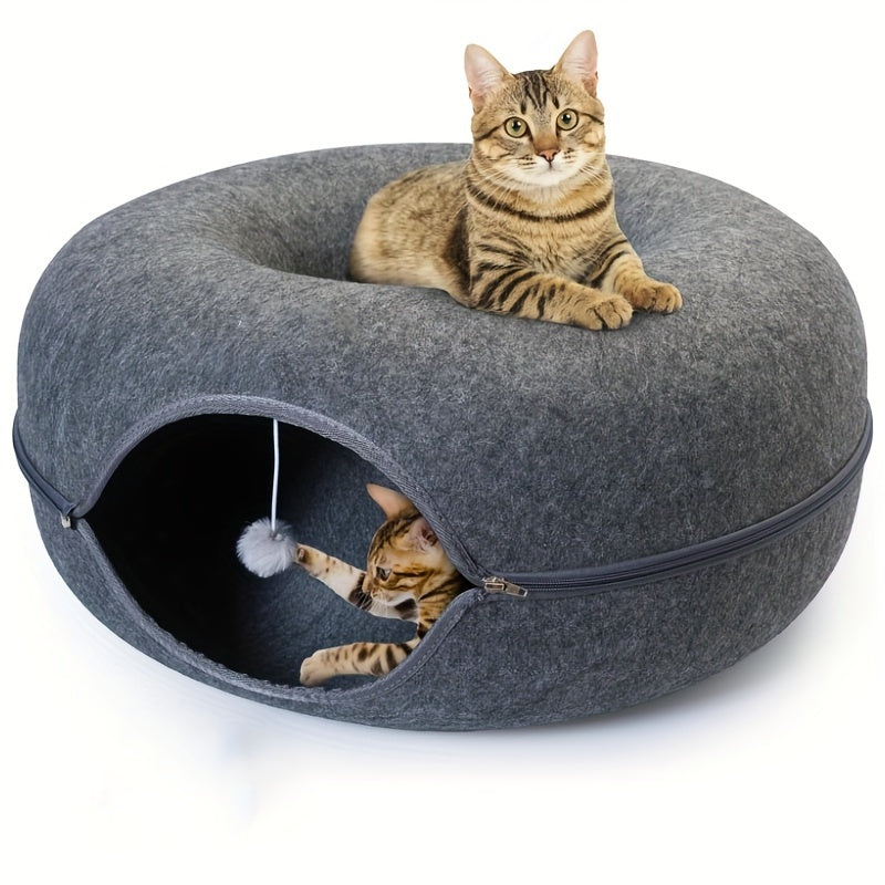 猫隧道床室内藏身处 - 甜甜圈猫窝四季通用折叠式猫隧道，带洞口，适合室内猫咪，柔软毛绒材质，深灰色与浅灰色，有20英寸和24英寸可选，理想的猫咪礼物