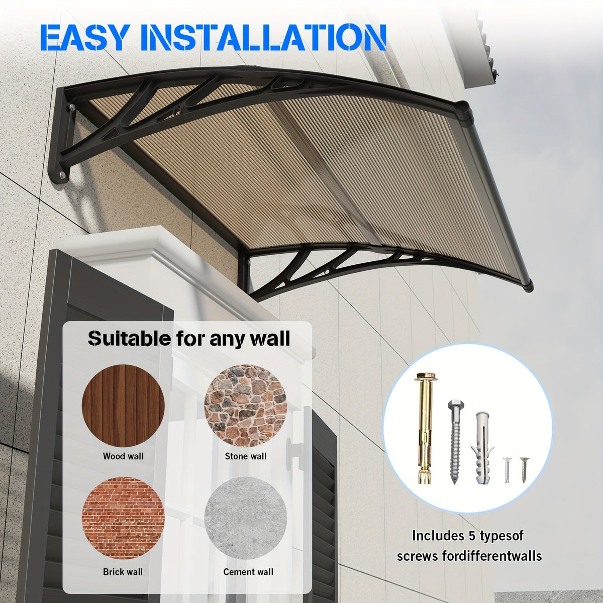 Polycarbonate Window Door Awning Canopy – UPF 50+ UV Rain Snow Sun Shade Cover for Patio Balcony Doorway in 21 Sizes & 4 Panel Colors