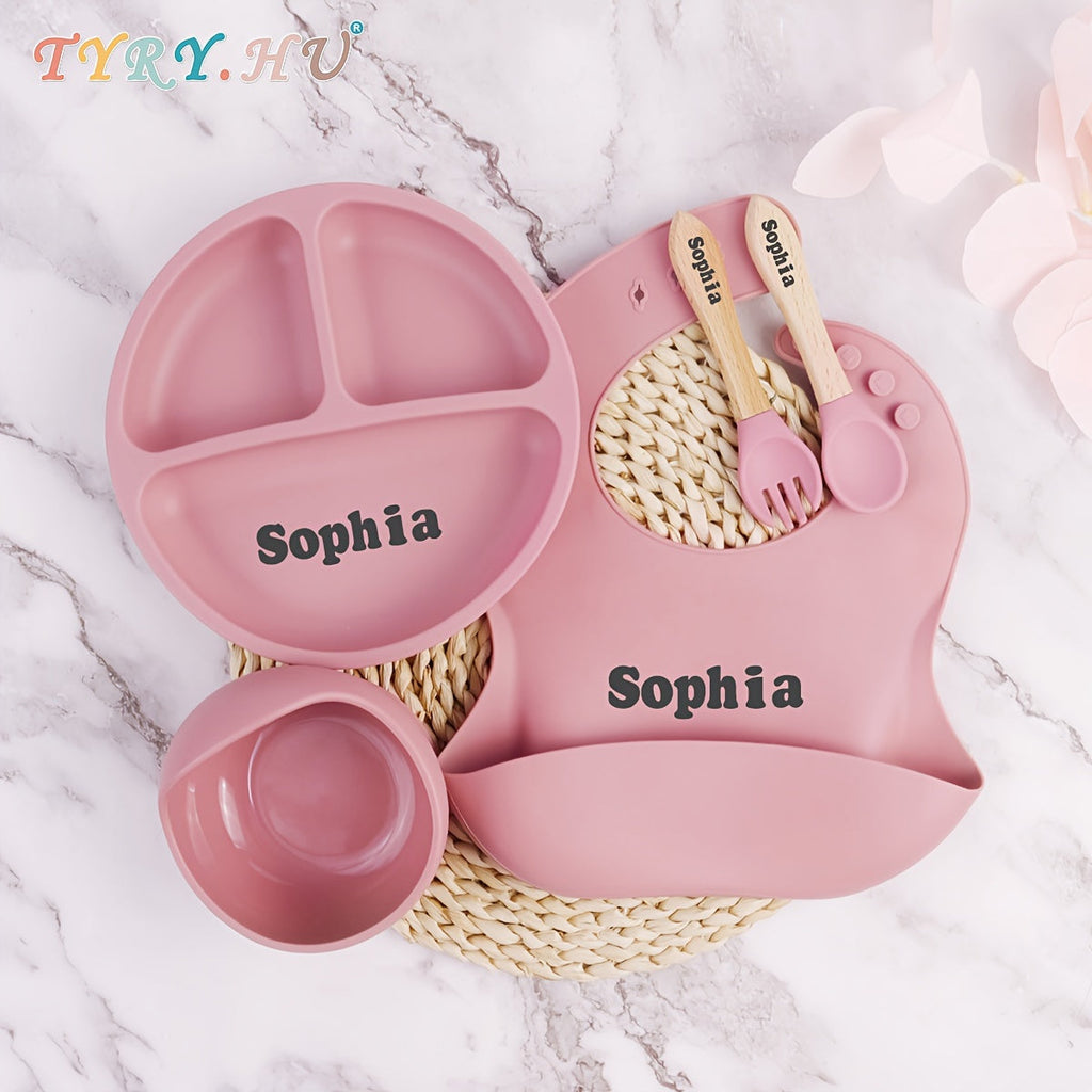 TYRY.HU Personalized Silicone Weaning Kit with Custom Name, Cartoon Baby Feeding Set with Plate for Toddlers & Babies, Easy to Clean, 4pc & 5pc Sets, Pink, Beige, Blue & Green, Ideal Baby Shower & Christmas Gift
