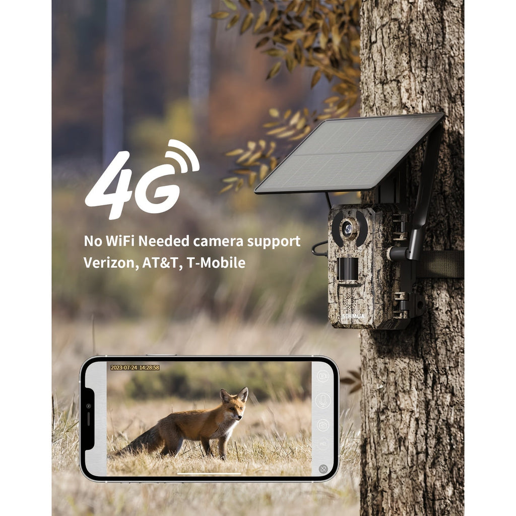 4G LTE Solar Trail Camera – 4K Live Video Remote Viewing, 82ft HD Night Vision, 0.2s Trigger Speed, Built-in SIM Card, IP65 Waterproof, No WiFi Required, Hunting Wildlife Camera, 1 pc / 4 pcs