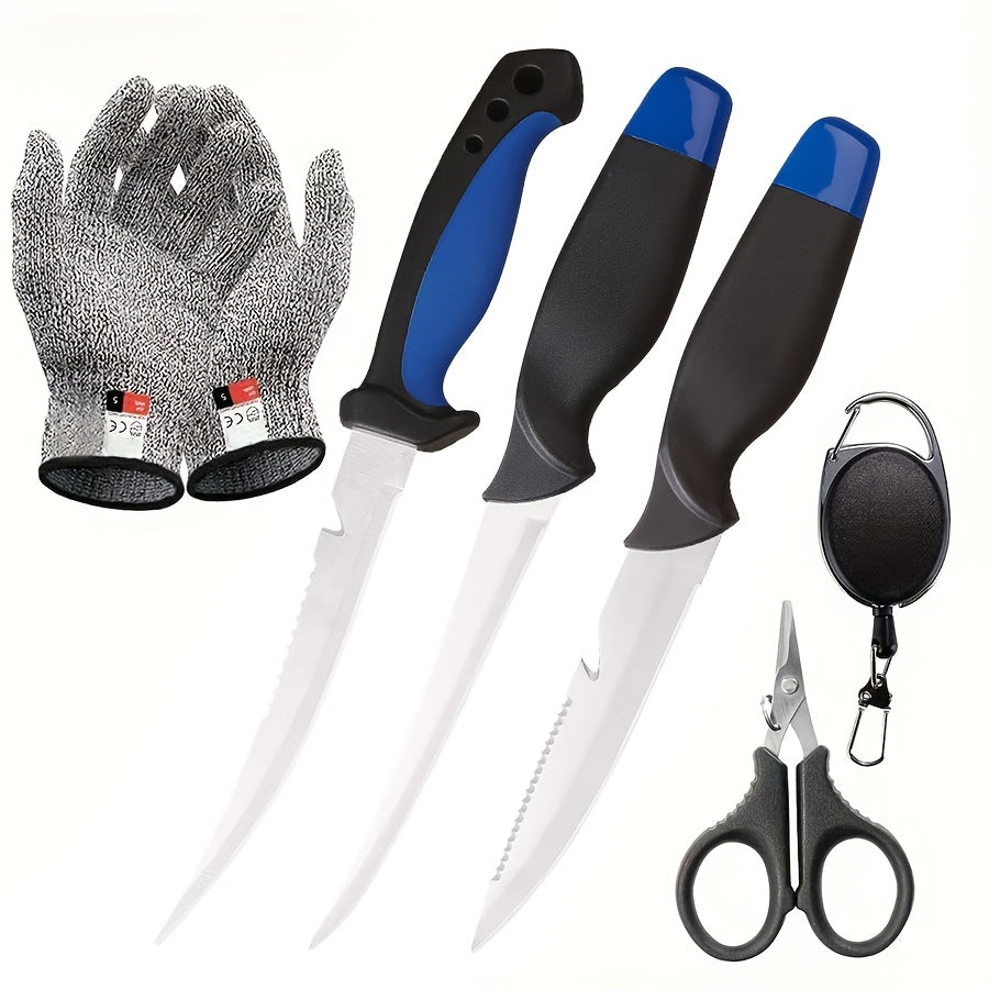 3-Piece Fishing Knife Set with Stainless Steel Blades, Fish Fillet, Boning, and Gutting Knives with Cut-Resistant Gloves, Fishing Line Cutter & Cord – Unique Fishing Gift for Anglers & Campers