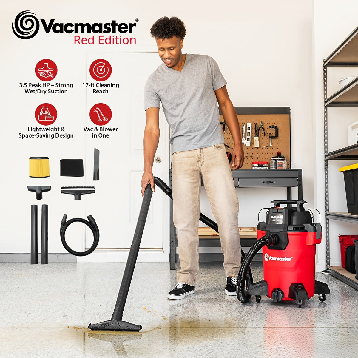 Wet/Dry Vacuum Cleaner Shop Vac with Blower Function & On-Board Storage – 2.5 Gal 2 Peak HP Wall Mount or 8 Gal 3.5 Peak HP for Garage Car Workshop & Home Cleaning