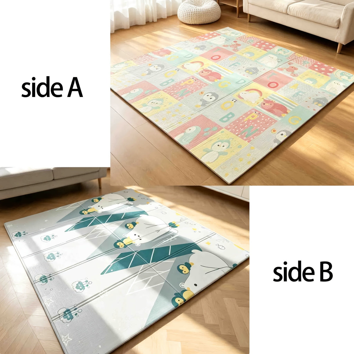 Double-Sided Baby Crawling Mat, Soft Thickened Tummy Time & Learning to Walk Play Mat, Foldable for Easy Storage, Indoor Use, 2 Designs Including Alphabet Penguin (79x71") & Polar Bear (59x79")