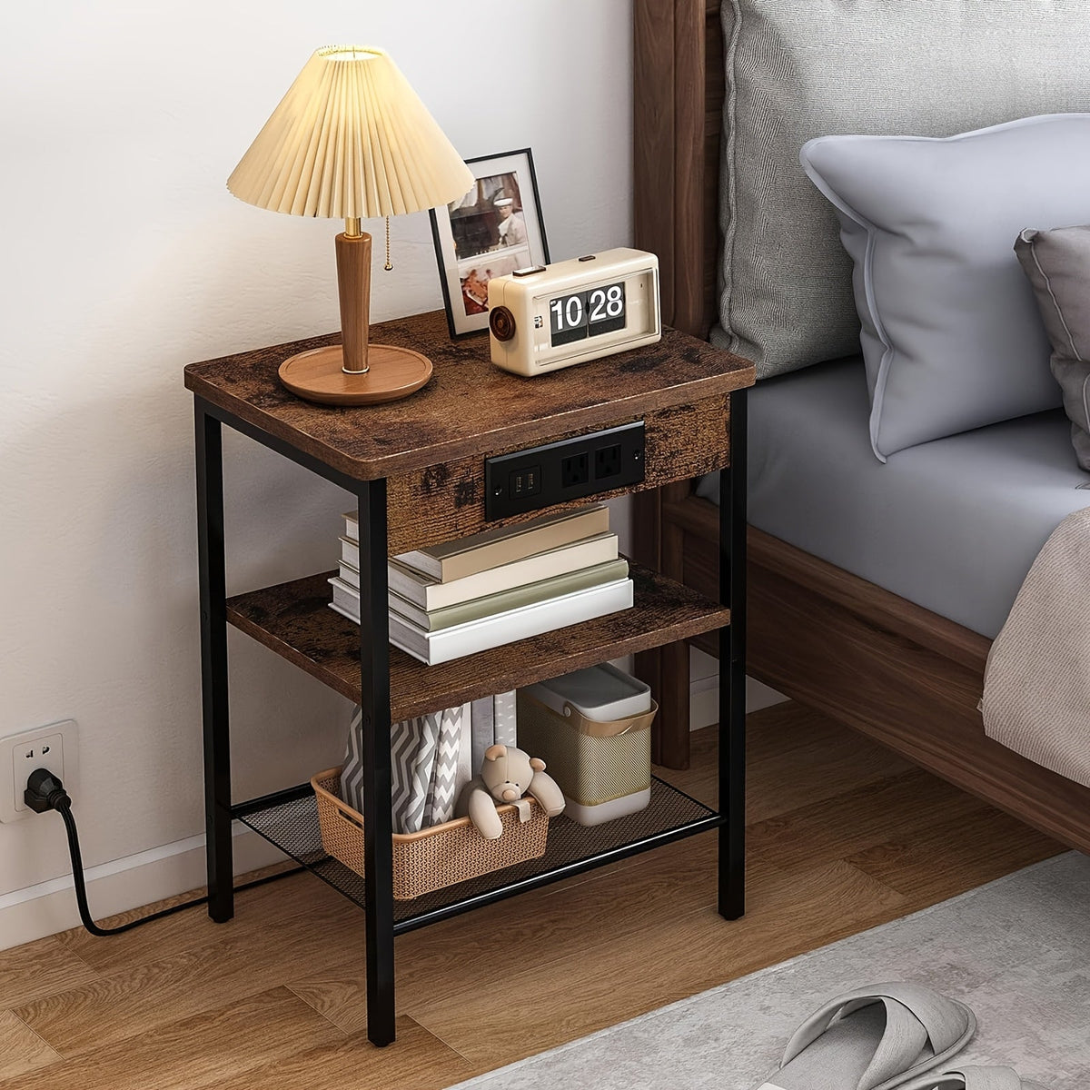 3-Tier Nightstand & Side Table with Charging Station – Storage Shelf for Bedroom & Living Room in Rustic Brown & Black (with Optional Drawer)