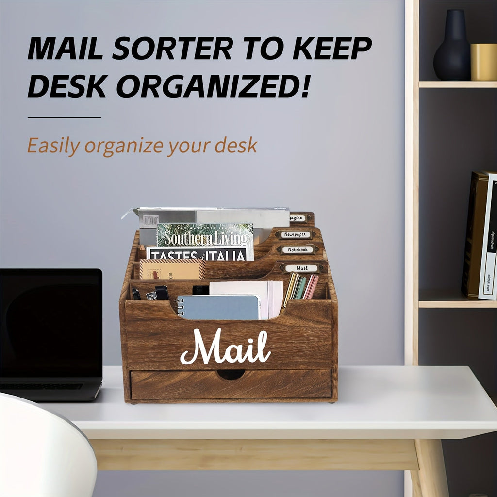 Large Solid Wood Desktop Mail Organizer with Drawer and 4 Compartments, Labelable Dividers for Files, Letters, and Paper Folders, Desk Organizer for Home Office, Students, and Professionals