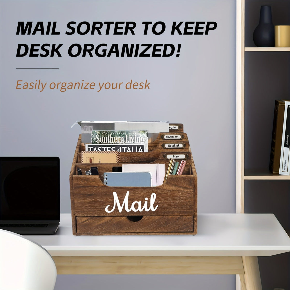 Large Solid Wood Desktop Mail Organizer with Drawer and 4 Compartments, Labelable Dividers for Files, Letters, and Paper Folders, Desk Organizer for Home Office, Students, and Professionals