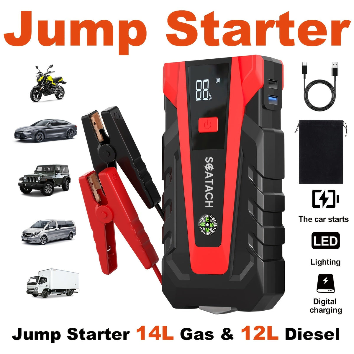 Car Jump Starter with Air Pump & Digital Tire Pressure Gauge – 12V Portable Emergency Starter for Cars, Trucks, SUVs, RVs & Motorcycles, LED Display, SOS Light & Window Breaker
