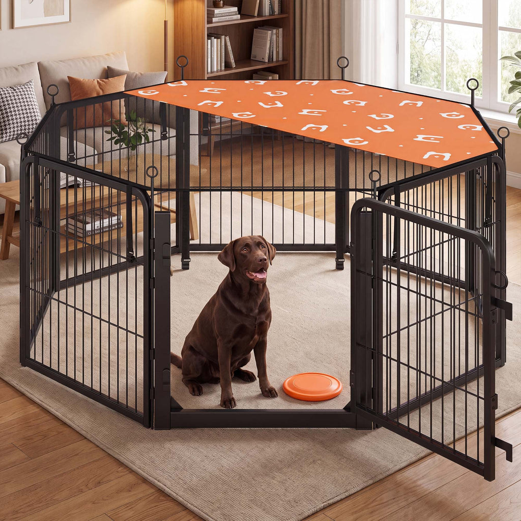 8-Panel Dog Playpen with Mesh Roof, 54.5"x54.5"x23.6", Rust-Resistant Steel & POM Frame, One-Hand Latch Door, 5-Min Setup, Indoor Outdoor Pet Exercise Pen, Black