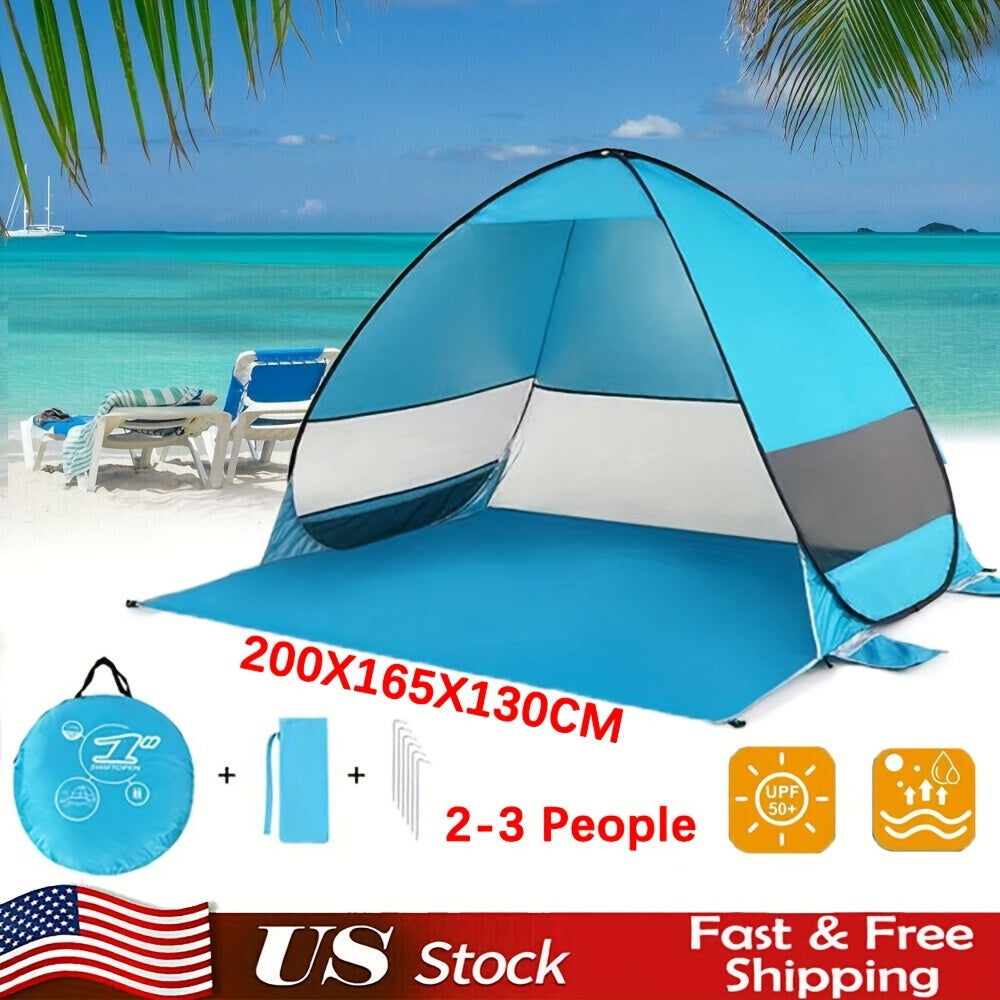 Pop-Up Beach Tent for 2-3 Persons, Portable Sun Shade Shelter with UV Protection and Anti-UV Silver Coating, Easy-Setup Camping Canopy with Carry Bag and Stakes for Beach, Fishing, Hiking, and Backyard, Blue & Green