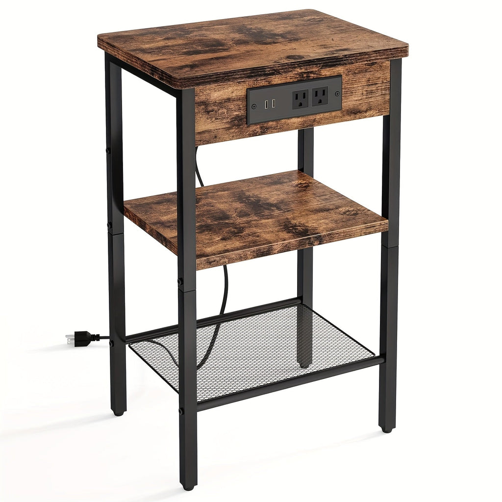 3-Tier Nightstand & Side Table with Charging Station – Storage Shelf for Bedroom & Living Room in Rustic Brown & Black (with Optional Drawer)