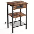 3-Tier Nightstand & Side Table with Charging Station – Storage Shelf for Bedroom & Living Room in Rustic Brown & Black (with Optional Drawer)