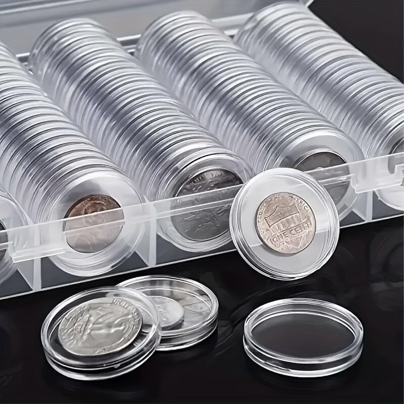 100-Pack Clear Coin Capsules, Transparent Collection Storage Boxes with Secure Snap Lid – Multi-Compartment Organizer for Coins, Souvenirs, Small Collectibles & Hobby Items