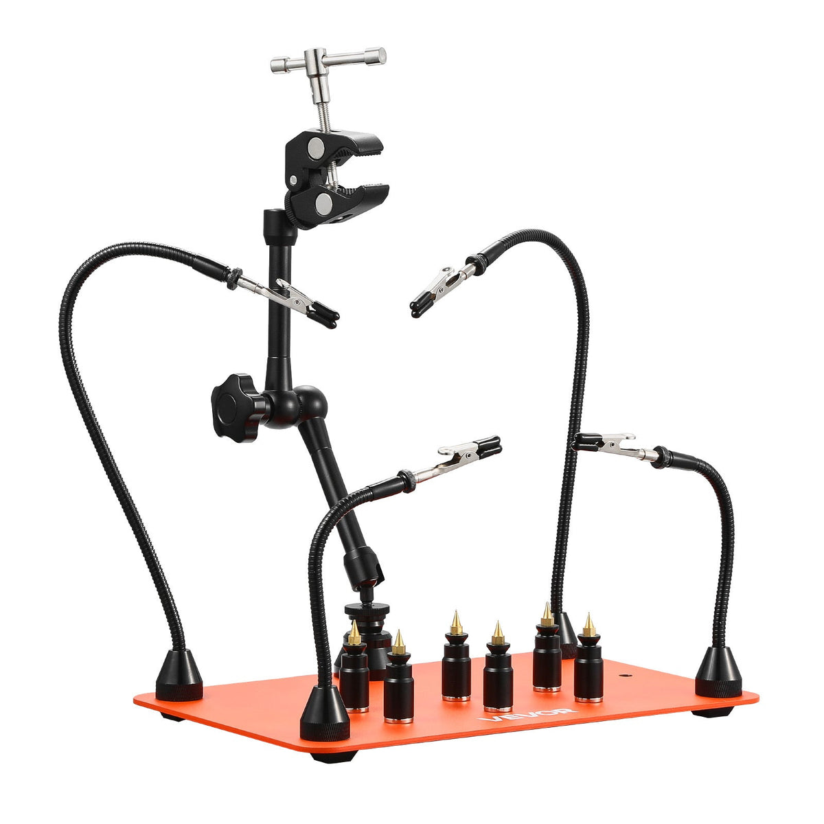 VEVOR Magnetic Helping Hands Soldering Station with 4 Gooseneck Arms 6 PCB Holders & 360° Hot Air Gun Holder Heavy-Duty Steel Base for Electronics PCB Wiring & Crafts