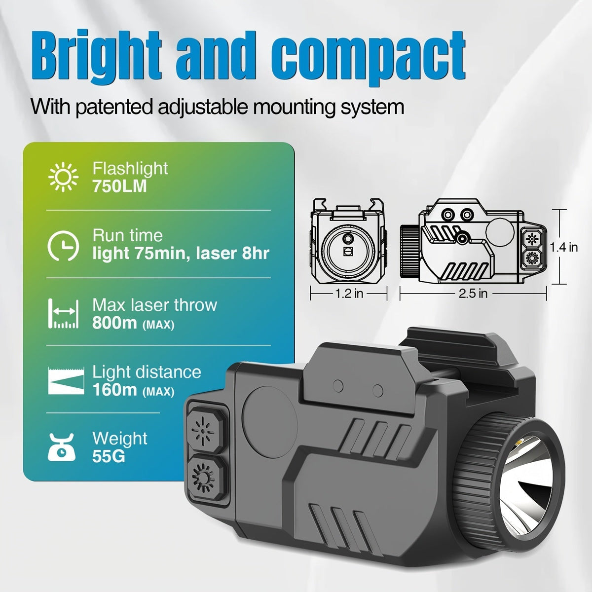 SL1085 750LM Tactical Pistol Light and Red Laser Combo, fits full-size and compact Picatinny rails, shockproof rechargeable weapon light with strobe function - adjustable laser sight for handguns
