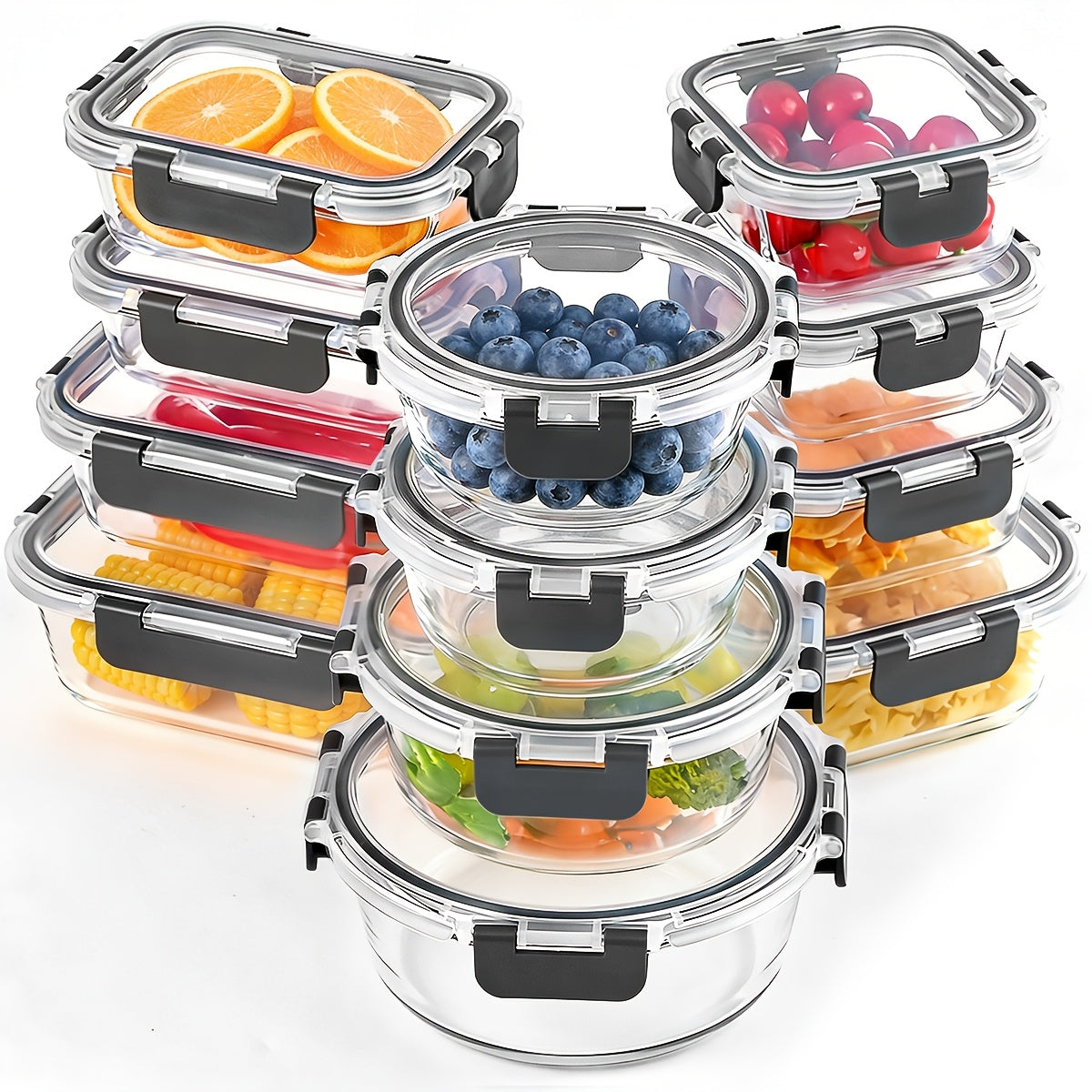 12-Piece Glass Food Storage Container Set with Lids, Airtight and Leak-Proof Meal Prep Containers, Thickened Glass Bento Lunch Boxes, Safe for Microwave, Oven, Freezer, and Dishwasher, Kitchen Pantry Organizer