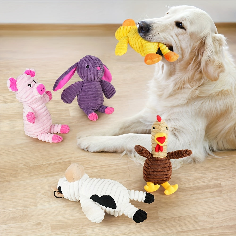 Plush Dog Squeaky Toys 5-Pack Bundle – Washable Stuffed Animal Chew Toys for Small, Medium, and Large Dogs, Embroidered Safety Eyes, Animal Designs (Pig, Frog, Elephant, Chicken, Fox)