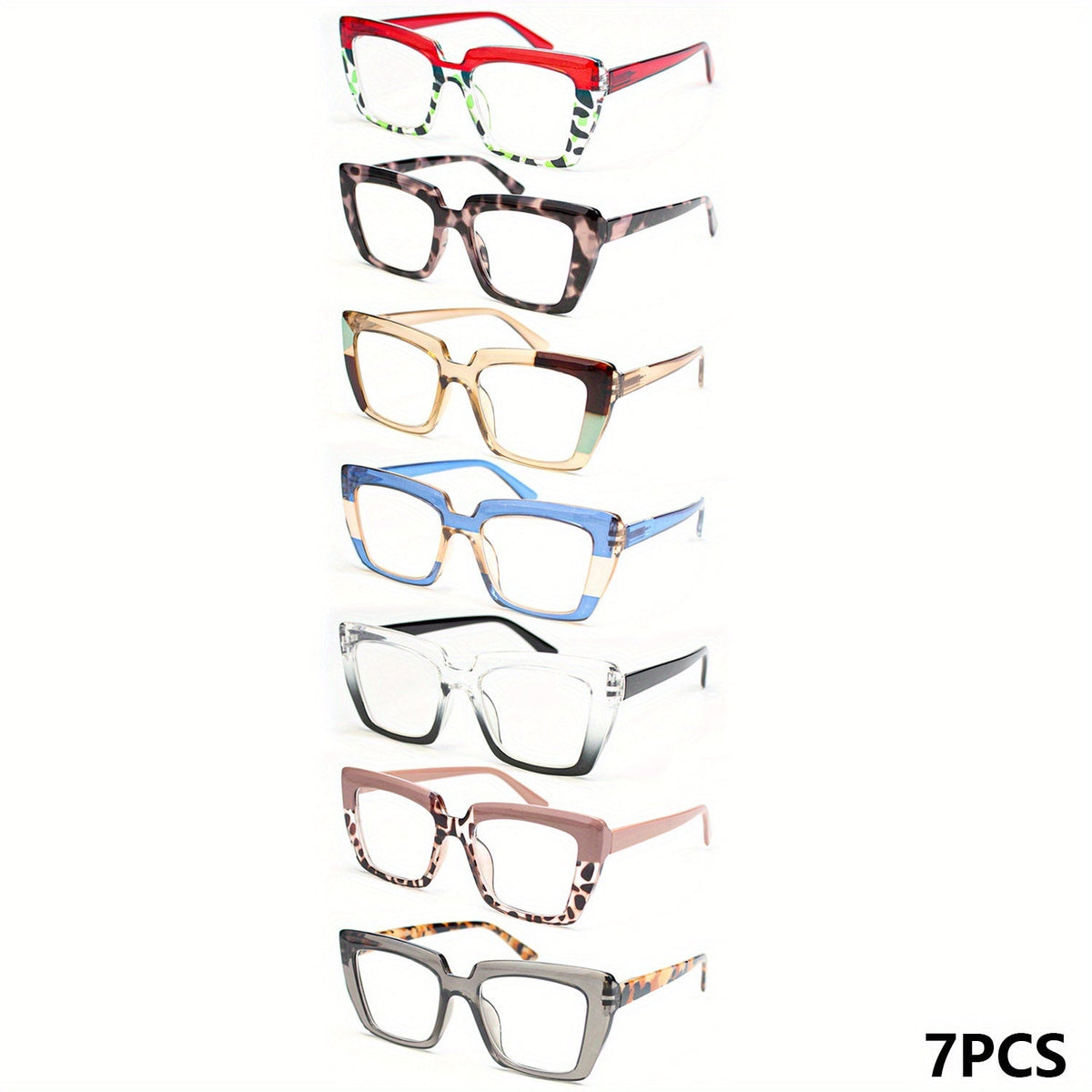 7-Pack Women's Reading Glasses Set with Large Square Frames – 7 Colors, Presbyopia Readers +1.00 to +4.00, Stylish Eyewear for Work, Driving & Parties, Great Gift for Women