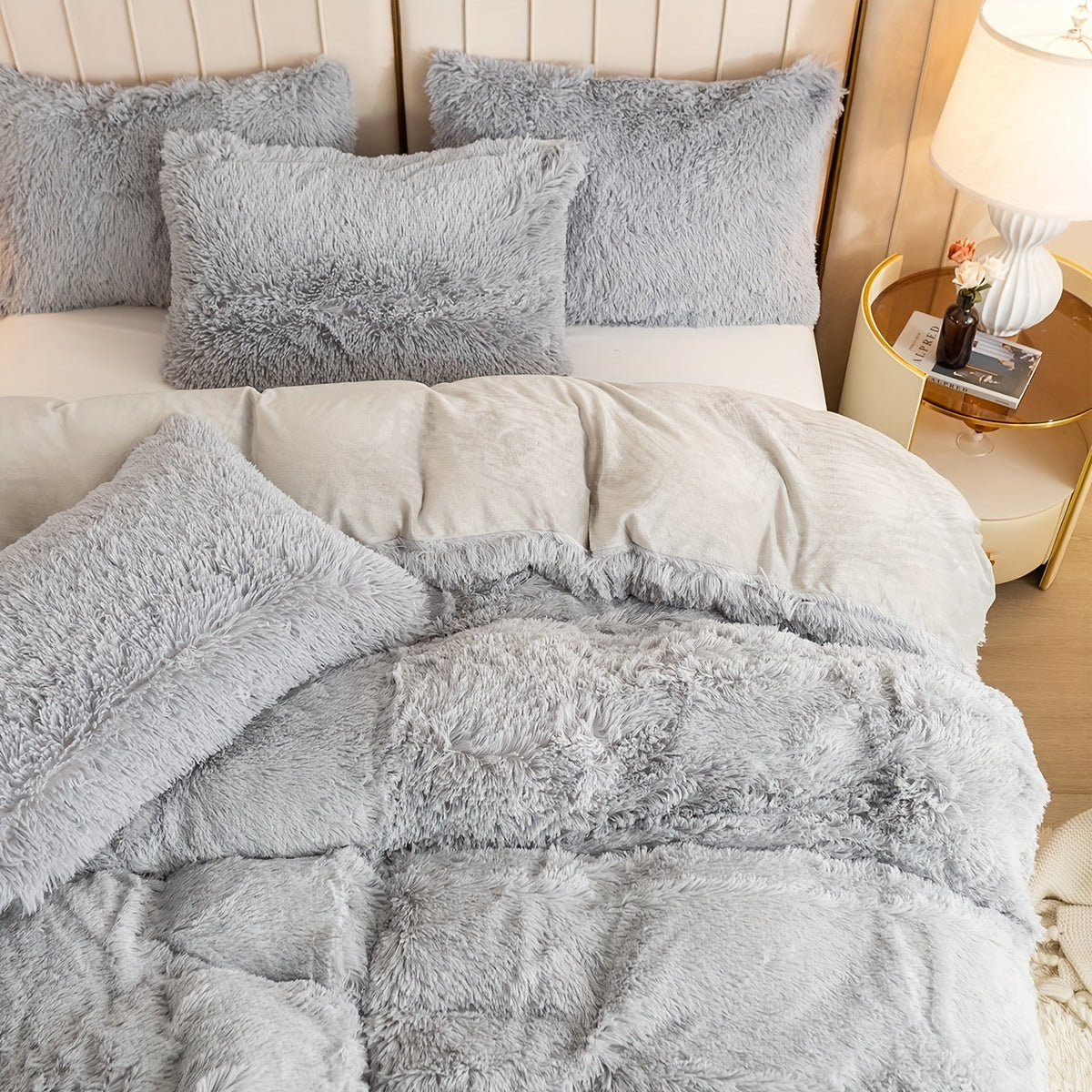 Plush Duvet Cover Set 3 Piece, Long Hair Knitted Polyester, Solid Color Fuzzy Comforter Cover with Zipper Closure, All-Season Soft Cozy Bedding Set for Bedroom, Multiple Colors Available