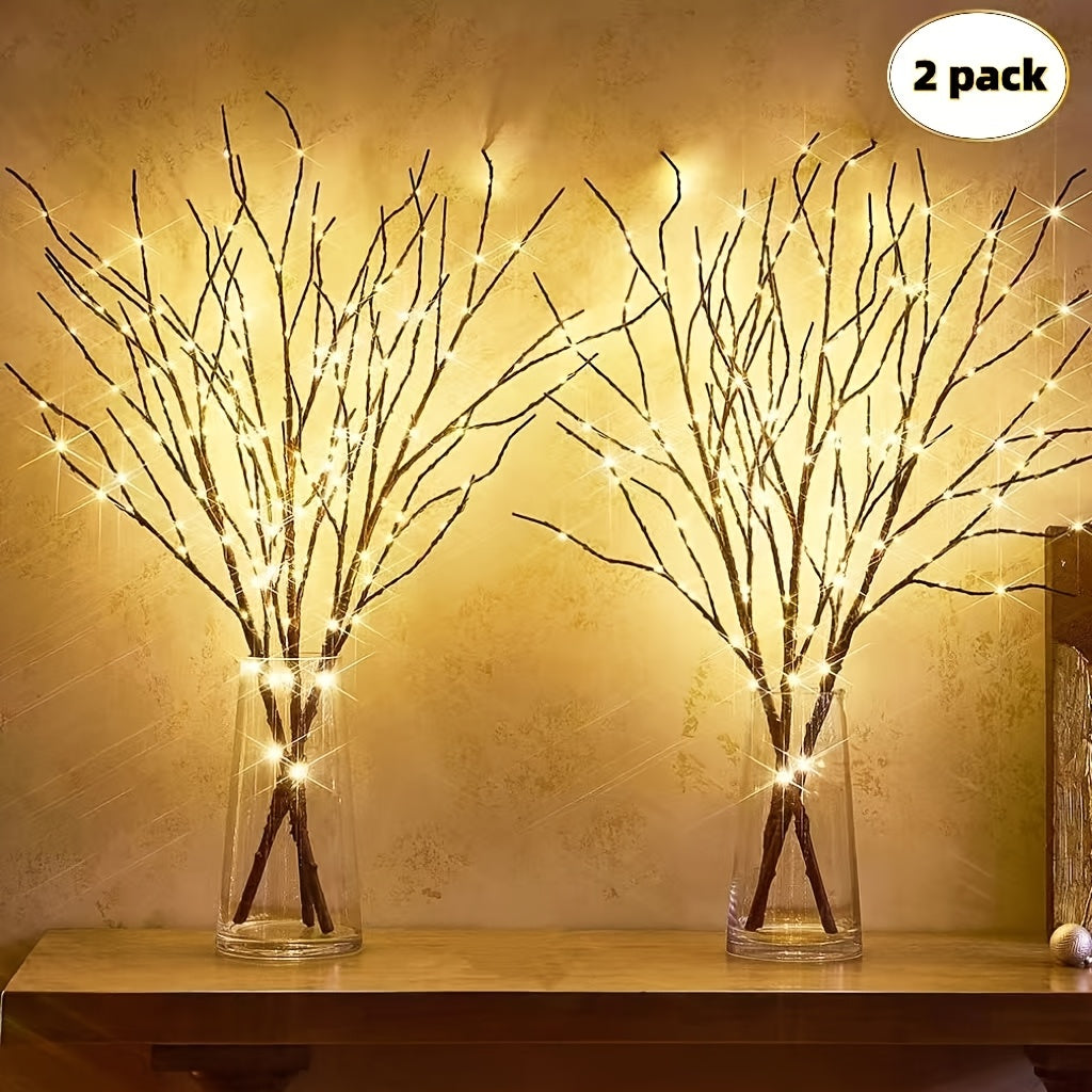 2-Piece Tree Branch LED Lights - Battery Powered, 20 LEDs Each - Vase Artificial Branch Decorative Lamp - Romantic Bedside & Home Decor - Warm Light