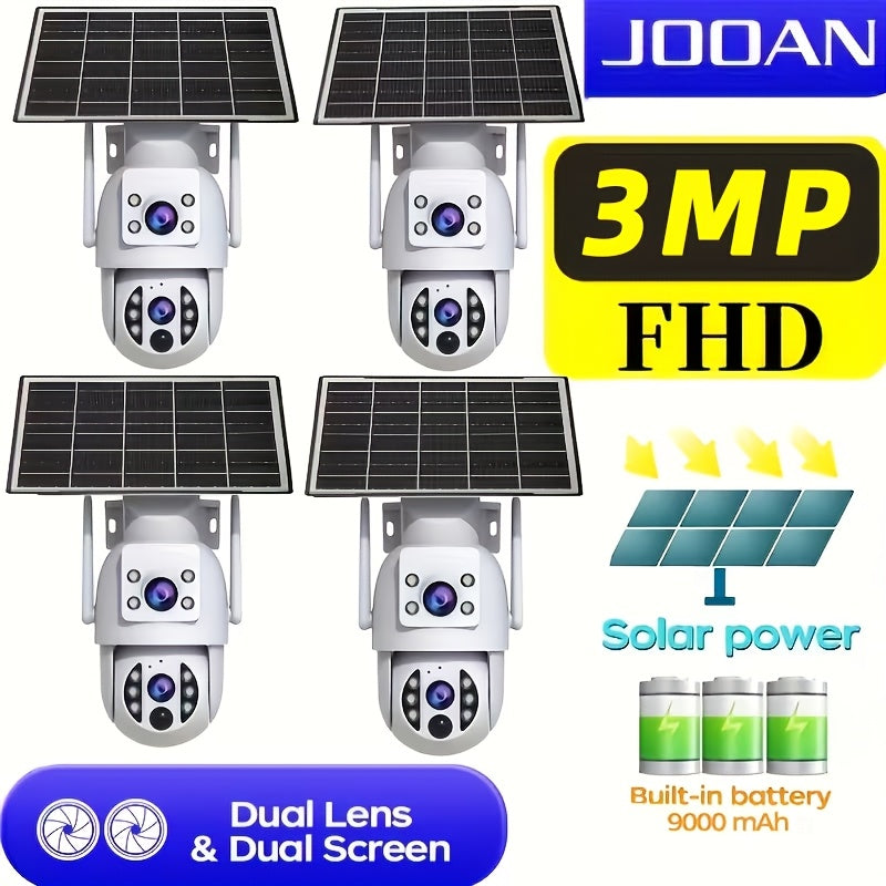 Solar Security Camera Outdoor 360° PTZ 1296P HD Dual Lens Color Night Vision Two-Way Audio Motion Detection WiFi SD Storage Rechargeable Battery Wall Mount