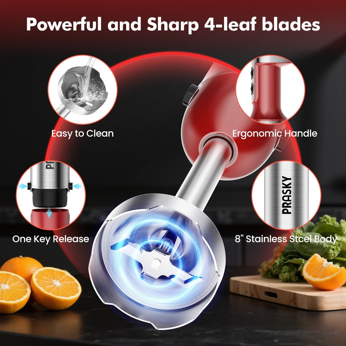 5-in-1 Handheld Immersion Blender - Whisk, Measuring Cups & Meat Chopper Attachments, Heavy-Duty Motor - Kitchen Essential - Red & Black