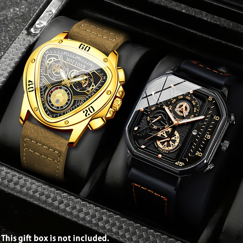 2pcs Men's Watch Set: Sports Triangle Dial Silicone Strap and Retro Square Dial Quartz Watch with Date Display, Casual Dress Watches for Valentine's Day or Father's Day Gift