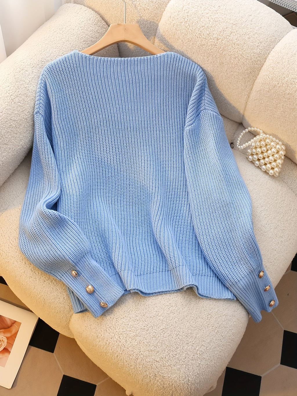 Women's V-Neck Ribbed Long Sleeve Pullover Sweater with Faux Button Detail - Elegant Casual Knitwear for Fall/Winter, Office, Daily Wear, Machine Washable