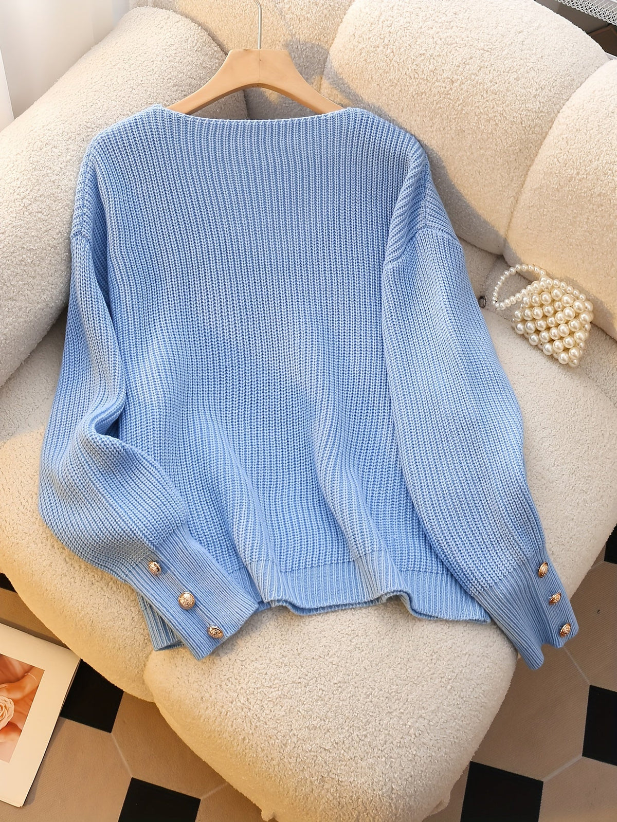 Women's V-Neck Ribbed Long Sleeve Pullover Sweater with Faux Button Detail - Elegant Casual Knitwear for Fall/Winter, Office, Daily Wear, Machine Washable