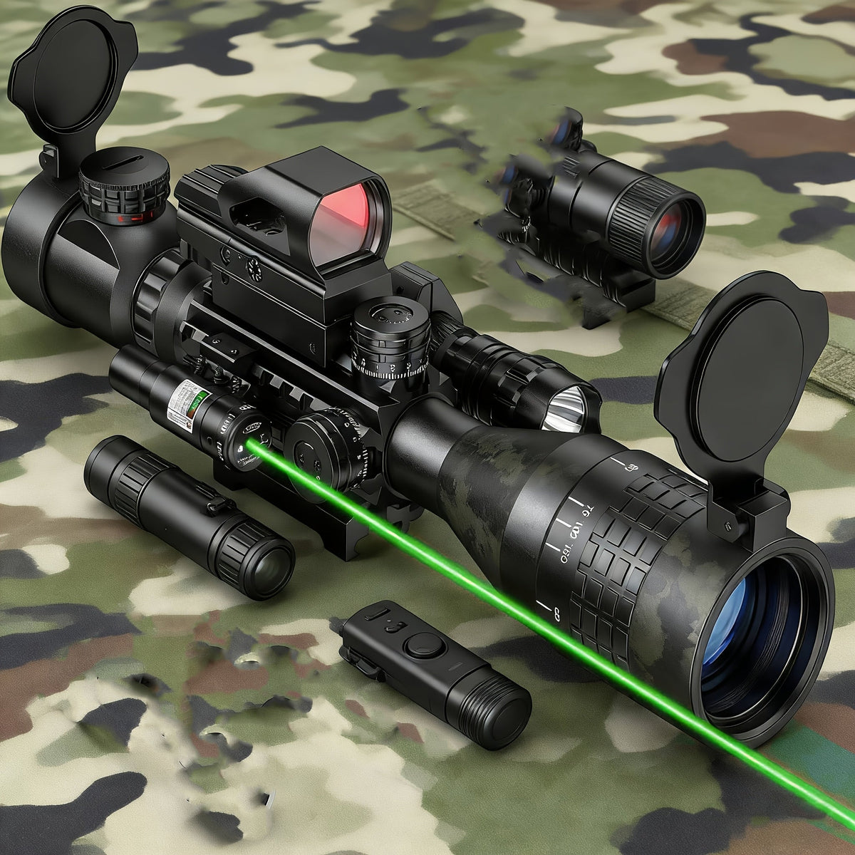 4-16x50 Rifle Optical Scope & Red Dot Combo with Red or Green Laser Illuminated Reticle for 20mm Picatinny Rail – Hunting Shooting Tactical Weaponlight