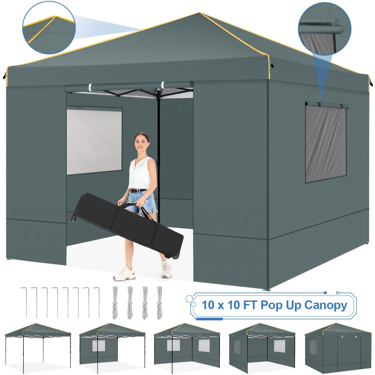 10x10 ft Pop-Up Canopy Tent with Mesh Window Sidewalls Portable Instant Gazebo with Carrying Bag for Parties Outdoor Events & Market Stalls – White, Black or Grey