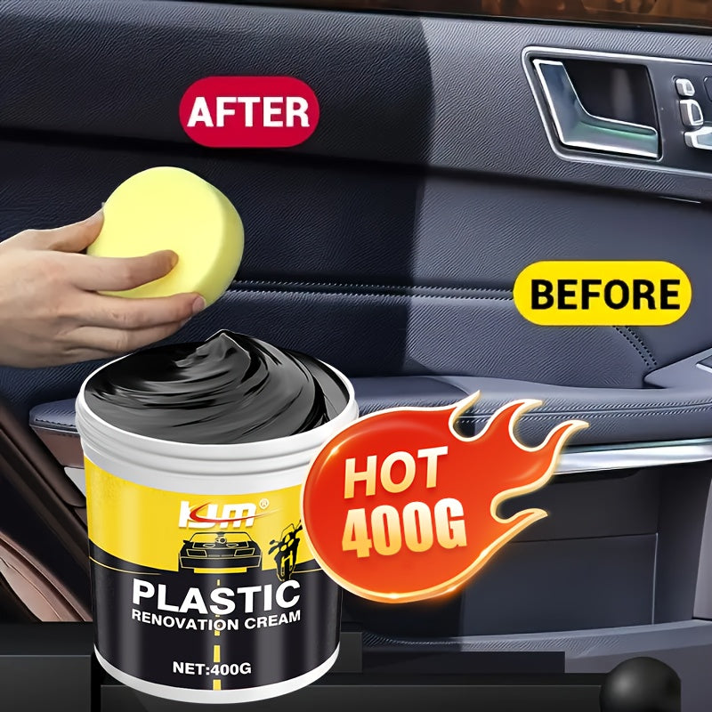 Car Plastic & Rubber Repair Cream All-in-One Trim Restorer Scratch Remover Tire Shine Wax, Anti-Cracking Anti-Aging Formula for Interior & Exterior Car Detailing, Includes Sponge