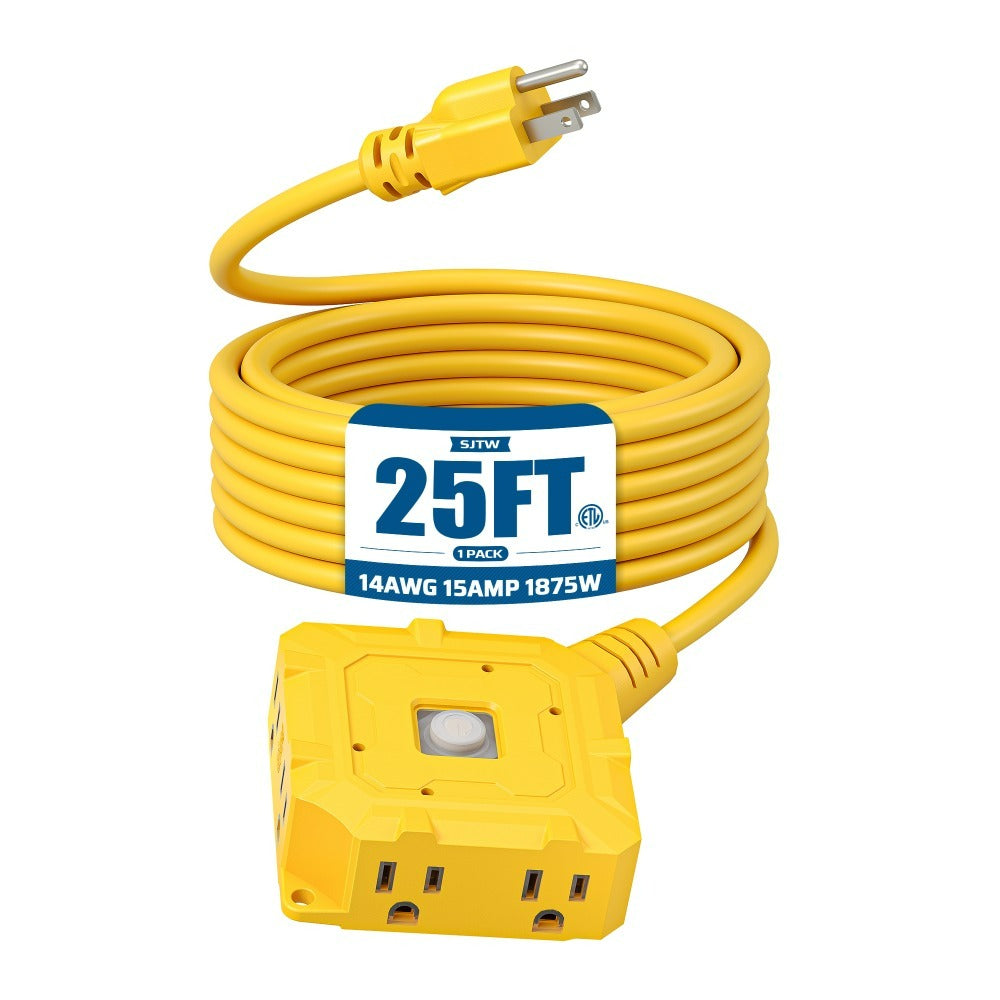 6-Outlet Extension Cord 25ft - Heavy Duty Power Strip with Long Cord for Home Office Garage Workshop - Yellow, Black & Transparent Options