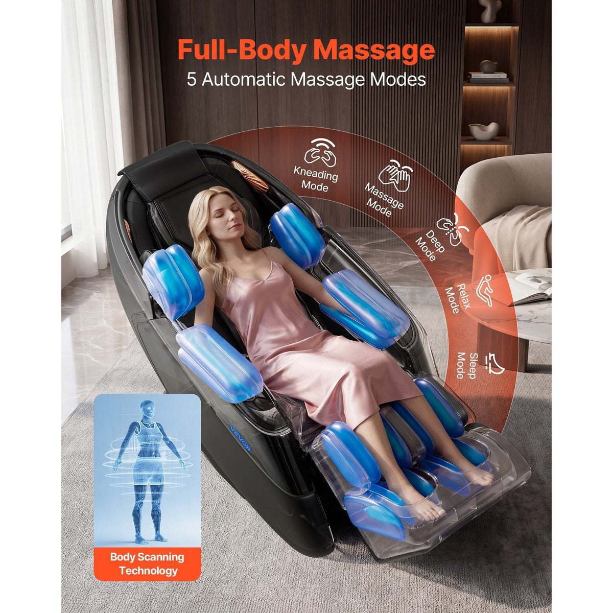 4D Zero Gravity Full Body Massage Chair 53 Inch SL Track 8 Airbags Waist Leg Heating Extendable Footrest Touchscreen Yoga Stretch Auto Modes 300LBS for Home Office Black
