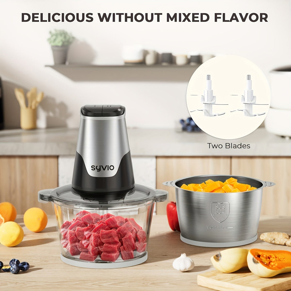 Syvio Food Processor 450W with 2 Bowls & 4 Bi-Level Blades - Mini Electric Meat Grinder & Vegetable Chopper, 2 Speeds, 8-Cup Capacity, for Baby Food Onion Garlic - Black