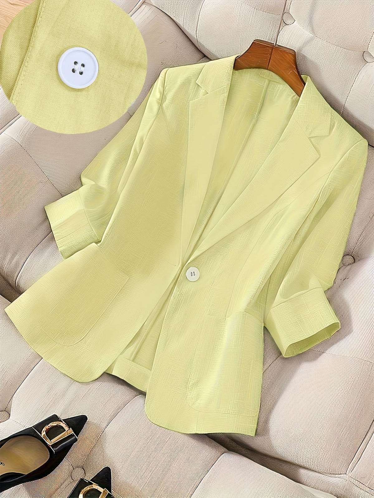 Women's Single-Button 3/4 Sleeve Lightweight Blazer | Elegant Casual Spring/Summer/Fall Outerwear | Professional Solid Color Office Business Suit Jacket S M L XL XXL