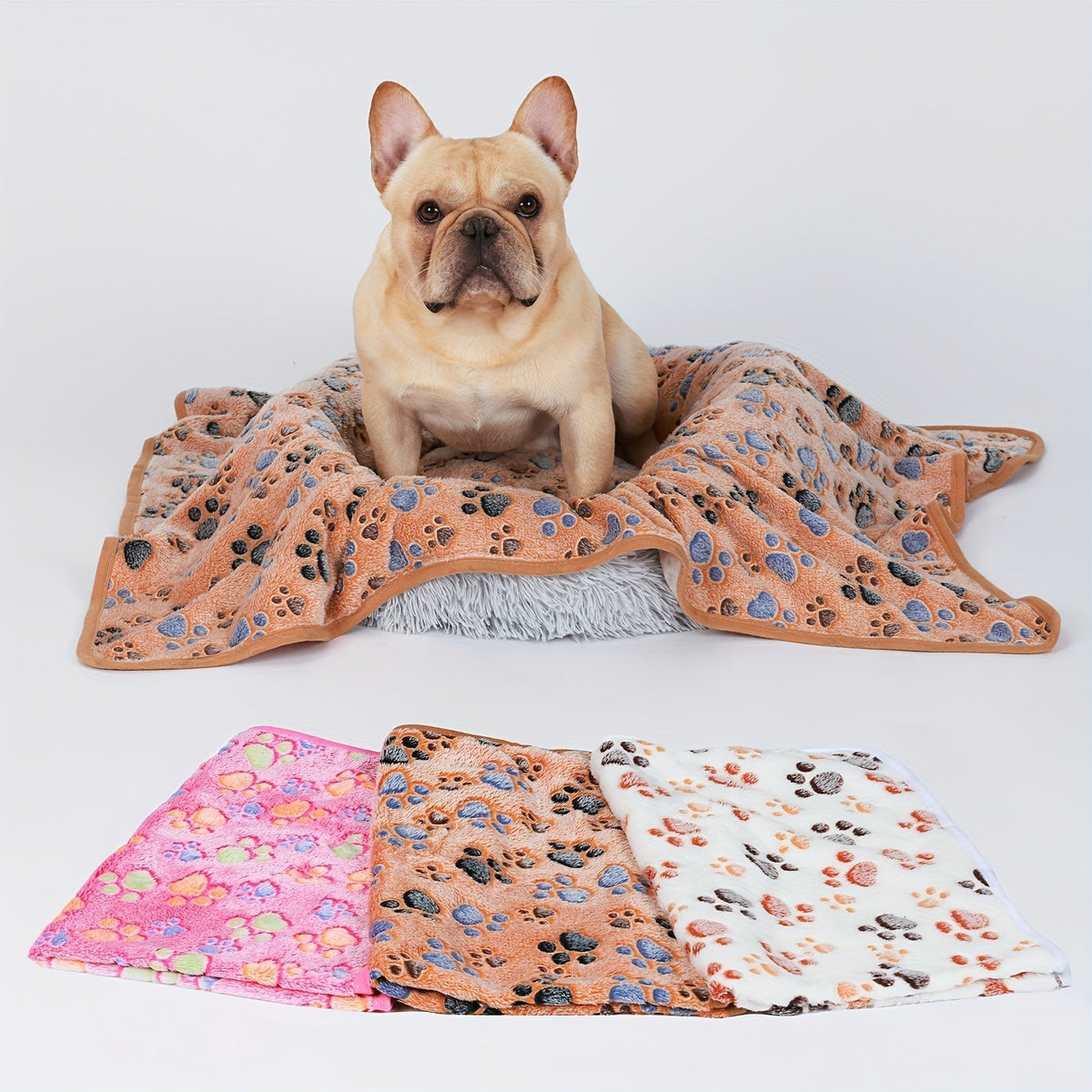 Fleece Pet Blanket 3-Pack for Dogs, Cats & Puppies – Super Soft, Fluffy, and Tear-Resistant Flannel Throw, Paw Print (Brown, Pink, White), Machine Washable, Includes Free Pet Drying Towel