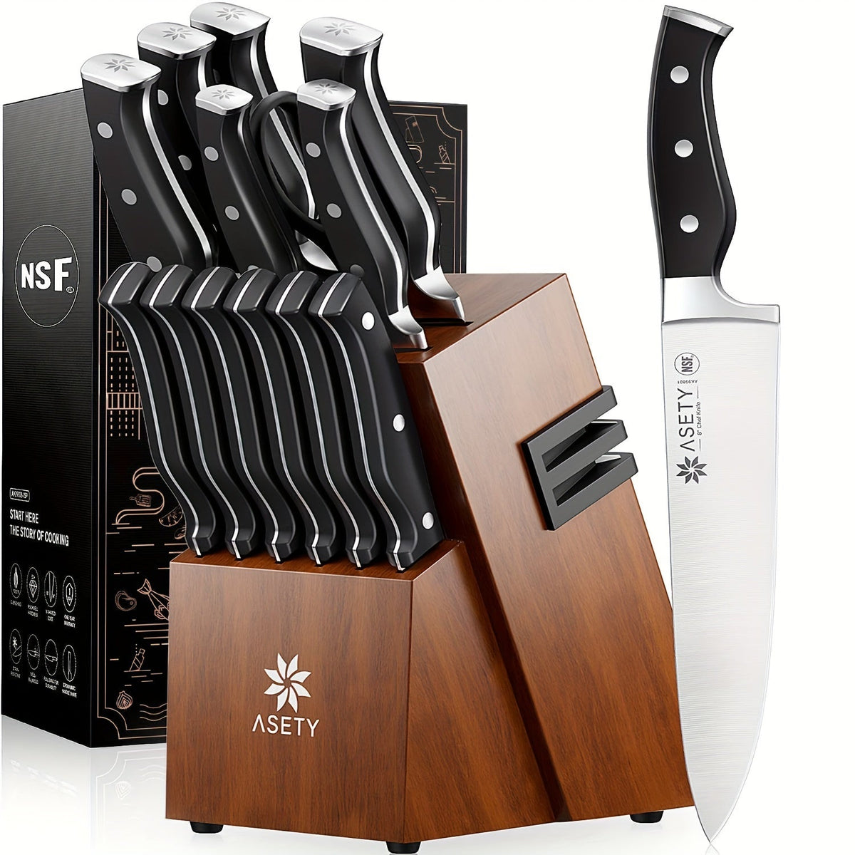 15-Piece Kitchen Knife Set with Built-In Sharpener Block – German Stainless Steel NSF Food Safe Rust-Resistant & Dishwasher Safe for Home Cooking