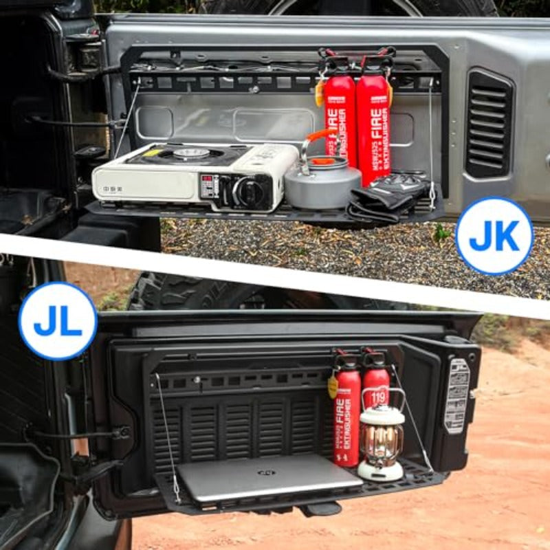 Jeep Wrangler Tailgate Table & MOLLE Panel, Foldable Cargo Rack, Aluminum Alloy, 100 lbs, Powder-Coated, No-Drill Install for JK/JKU, for Wrangler JK JKU JL JLU 4-Door 2007-2025, 24-Month Warranty