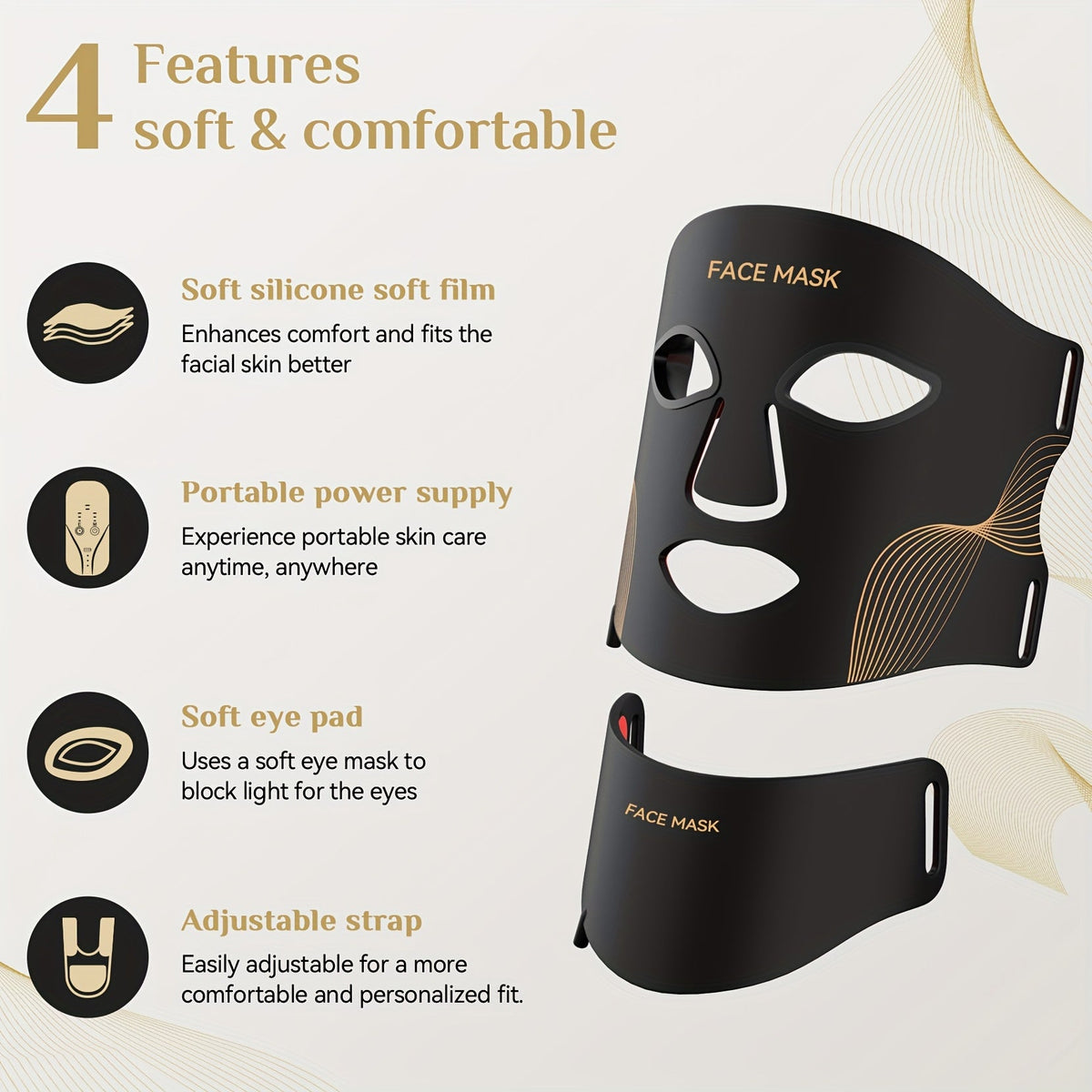 LED Light Therapy Face & Neck Mask - FDA Cleared, 7-Color Red Light, Collagen Renewal, Anti-Aging, Acne, Whitening & Hydration - Hands-Free Portable Skincare - Black & White