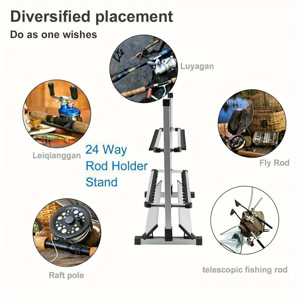 Portable Fishing Rod Holder Rack for 24 Rods, Aluminum Alloy, Rust-Resistant with Cushioned Grips - Lightweight Organizer for Garage, Cabin, Bedroom & Fishing Storage