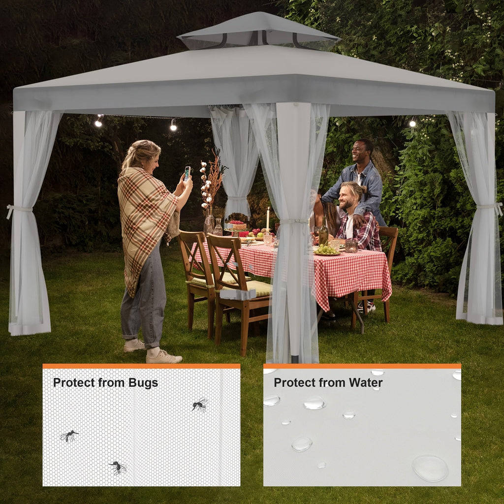 10'x10' Patio Gazebo Tent with Mosquito Netting, 100 Sq Ft Shade Canopy, 90% UV Block, Waterproof 2-Tier Polyester Roof, Rust-Resistant Steel Frame, Drainage Hole, for Garden Backyard Deck Party