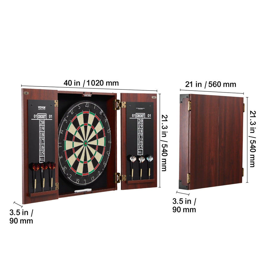 Dartboard Cabinet Set with 18" Self-Healing Sisal Board, 6 Steel Tip Darts, Scoreboard, Retro Woodgrain Cabinet, Staple-Free Bullseye, Complete Accessories Included, for Home Game Room Bar