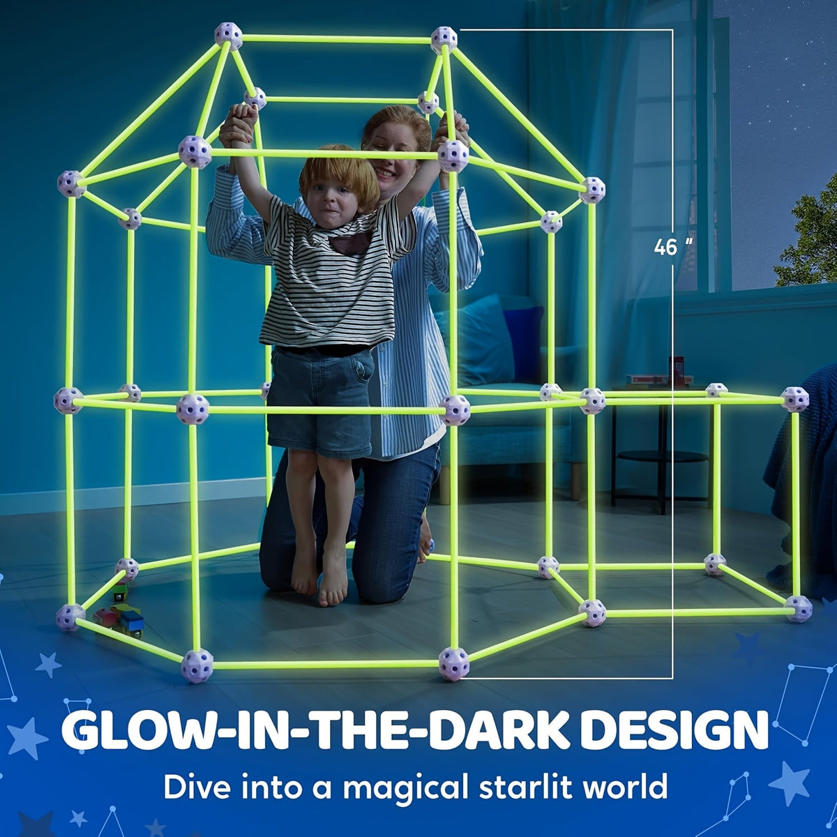Glow-in-the-Dark Fort Building Kit 81 Pieces – Kids STEM Construction Toy for Indoor Outdoor Castles Tunnels Tents with Star Cloth & Storage Bag Ages 4-12